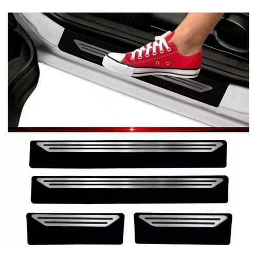 Kit Grade Preta Com Emblema Cromado e Descanso Liso e Soleiras Lisas em Inox Fiat Uno Mille 05 a 13