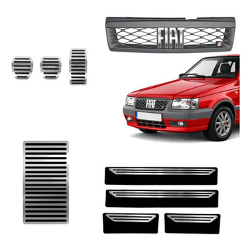Kit Grade Cinza Com Emblema Cromado e Pedaleira Lisa Descanso Liso e Soleiras Lisas em Inox Fiat Uno Mille 05 a 13
