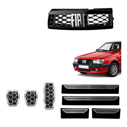 Kit Grade Preta Com Emblema Cromado e Pedaleira e Soleiras Urban em Inox Fiat Uno Mille 05 a 13