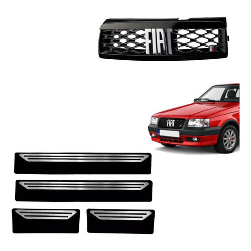Kit Grade Preta Com Emblema Cromado e Soleiras Lisas em Inox Fiat Uno Mille 05 a 13