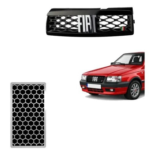 Kit Grade Preta Com Emblema Cromado e Descanso Urban em Inox Fiat Uno Mille 05 a 13