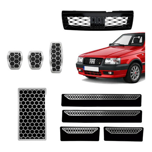 Kit Grade Preta Sem Emblema e Pedaleira Descanso e Soleiras Urban em Inox Fiat Uno Mille 05 a 13