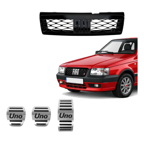 Kit Grade Preta Sem Emblema e Pedaleira Manual em Inox Fiat Uno Mille 05 a 13