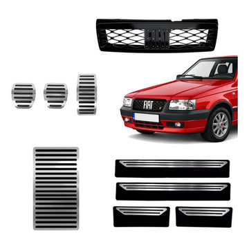 Kit Grade Preta Sem Emblema e Pedaleira Lisa Descanso Liso e Soleiras Lisas em Inox Fiat Uno Mille 05 a 13