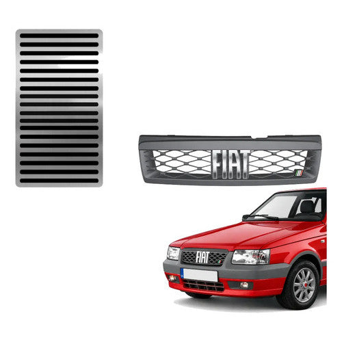 Kit Grade Cinza Com Emblema Cromado e Descanso Liso em Inox Fiat Uno Mille 05 a 13