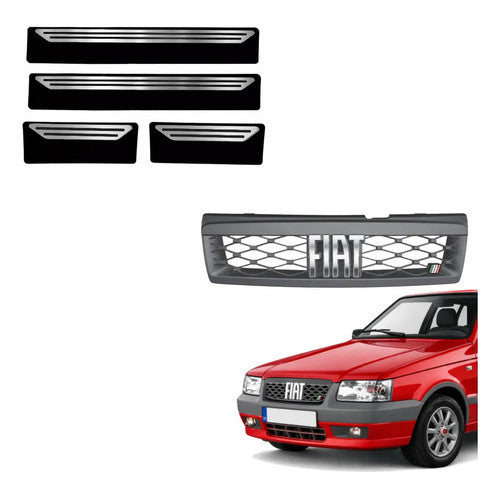 Kit Grade Cinza Com Emblema Cromado e Soleiras Lisas em Inox Fiat Uno Mille 05 a 13