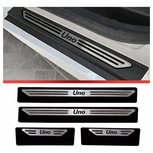 Kit Grade Cinza Com Emblema Cromado e Soleiras Baixo Relevo em Inox Fiat Uno Mille 05 a 13