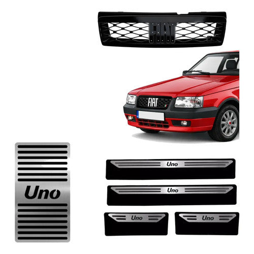Kit Grade Preta Sem Emblema e Descanso e Soleiras Baixo Relevo em Inox Fiat Uno Mille 05 a 13