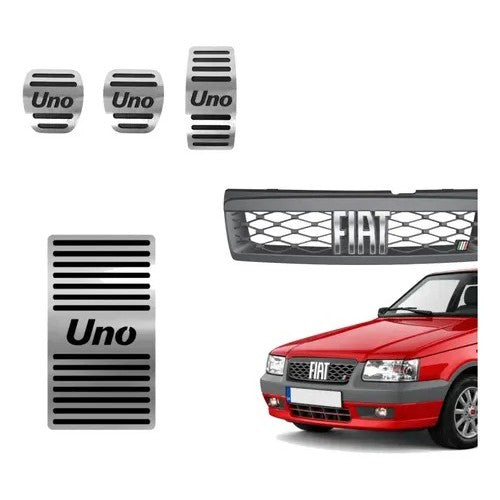 Kit Grade Cinza Com Emblema Cromado e Pedaleira e Descanso em Inox Fiat Uno Mille 05 a 13
