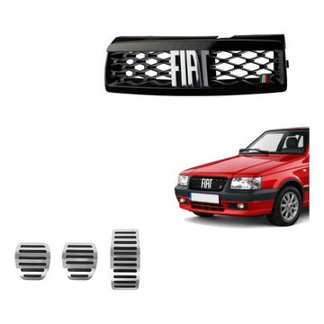 Kit Grade Preta Com Emblema Cromado e Pedaleira Lisa em Inox Fiat Uno Mille 05 a 13