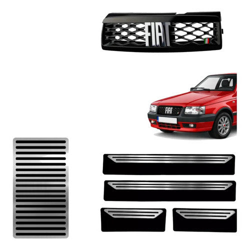 Kit Grade Preta Com Emblema Cromado e Descanso Liso e Soleiras Lisas em Inox Fiat Uno Mille 05 a 13