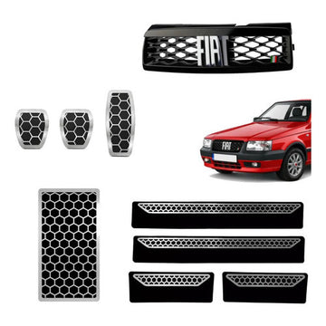 Kit Grade Preta Com Emblema Cromado e Pedaleira Descanso e Soleiras Urban em Inox Fiat Uno Mille 05 a 13