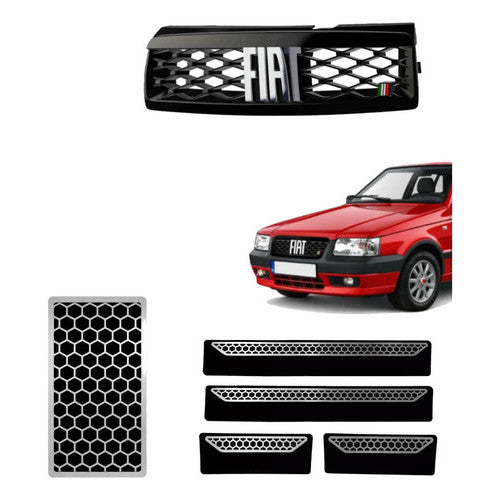 Kit Grade Preta Com Emblema Cromado e Descanso e Soleiras Urban em Inox Fiat Uno Mille 05 a 13