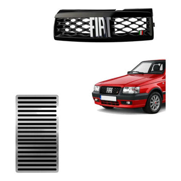 Kit Grade Preta Com Emblema Cromado e Descanso Liso em Inox Fiat Uno Mille 05 a 13