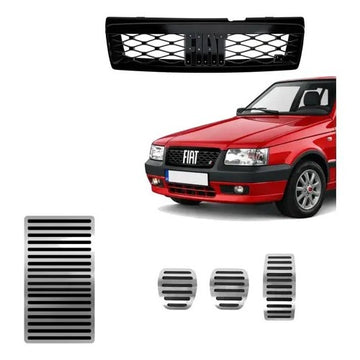 Kit Grade Preta Sem Emblema e Pedaleira Lisa e Descanso Liso em Inox Fiat Uno Mille 05 a 13